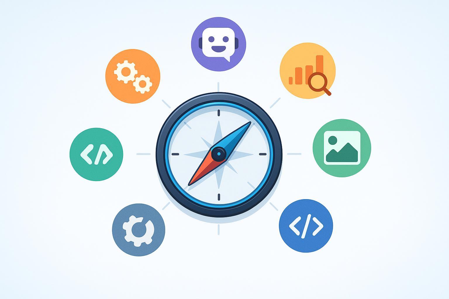 A compass pointing towards various AI tool icons, symbolizing a guide to the best AI SaaS listing platforms in 2025