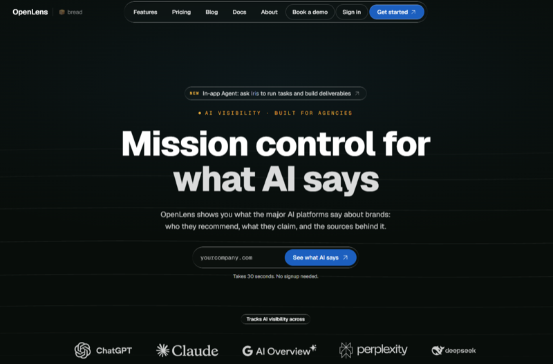 OpenLens homepage showing its AI visibility platform for agencies